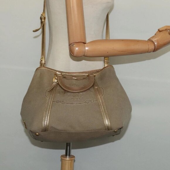 PRADA Logo jacquard Hand Bag Canvas 2way Beige Gold Auth 141533 - Picture 3 of 16